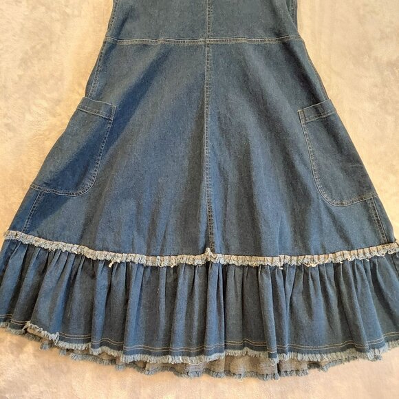 Roamans blue jean Dress size 14p Maxi denim jean fray hem ruffle zip 2 pockets - Picture 13 of 16
